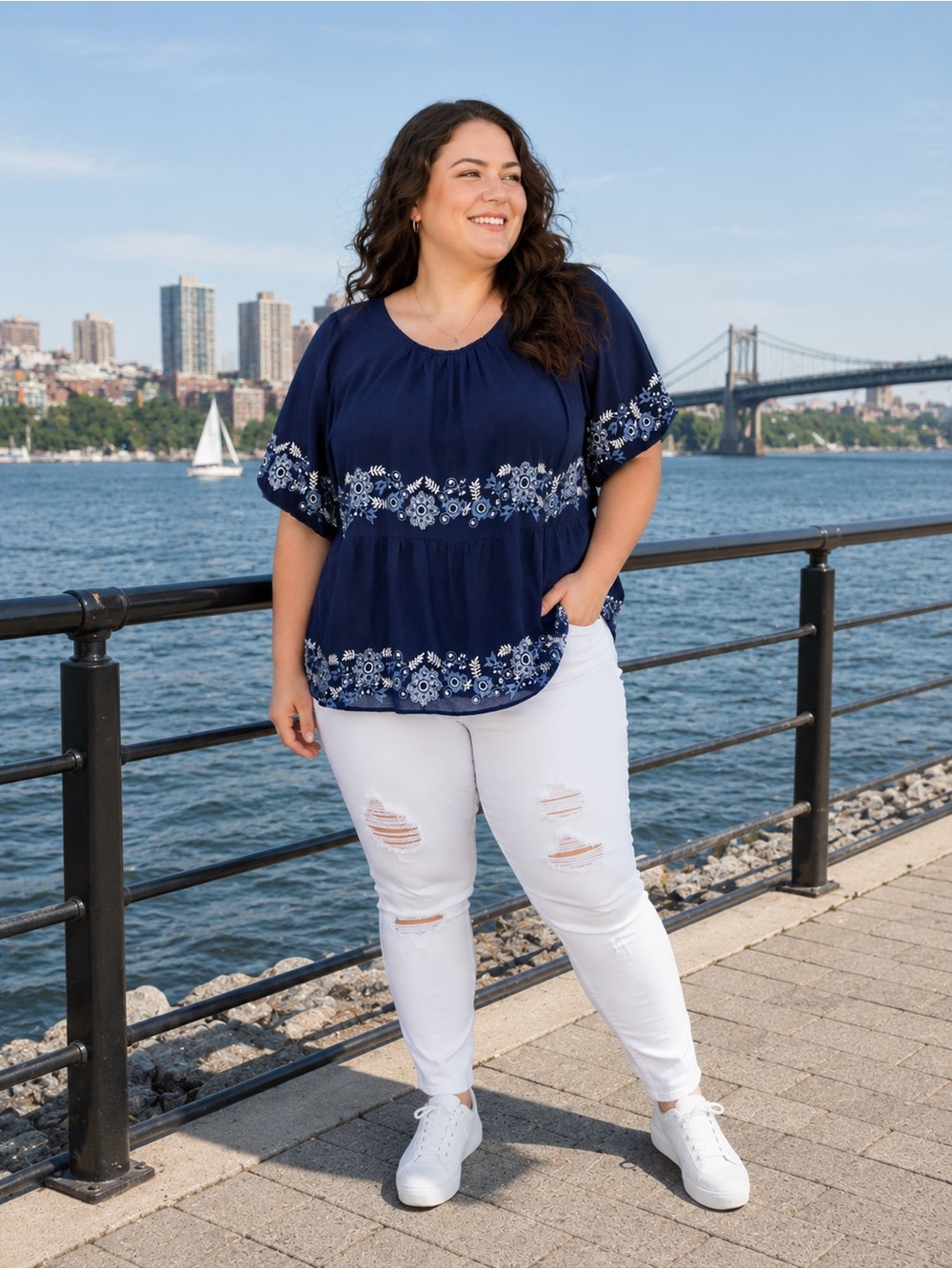NWOT TORRID BELLE ISLE Navy Embroidered Peasant Blouse